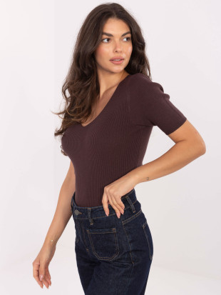 Brown Ribbed V-Neck Sweater