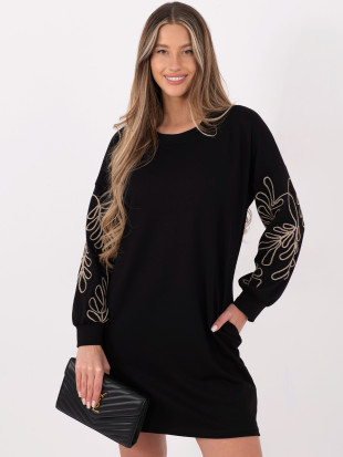 Short black dress with embroidery and puff sleeves