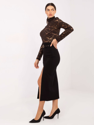Elegant black midi skirt with belt