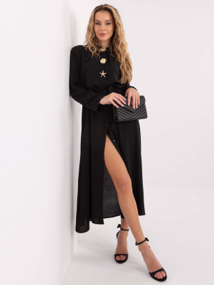 Black flared midi dress with belt and brooch