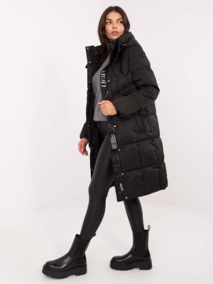 Long black quilted coat with hood