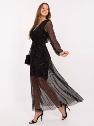 Black maxi dress with belt and applique