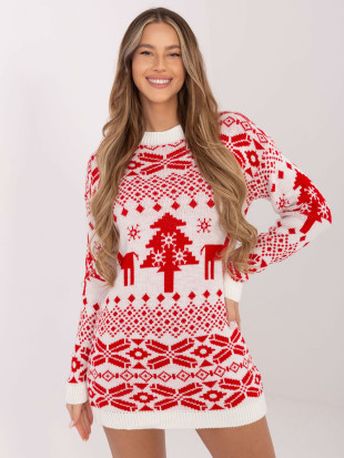 Long women's sweater with print, ecru