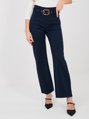 Elegant navy blue trousers with high waist and belt