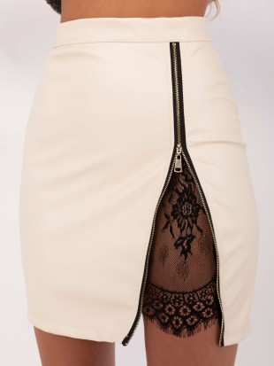 Beige faux leather mini skirt with lace