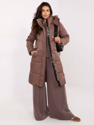 Long beige quilted coat with hood