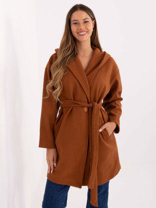 Beige transitional coat with hood and belt