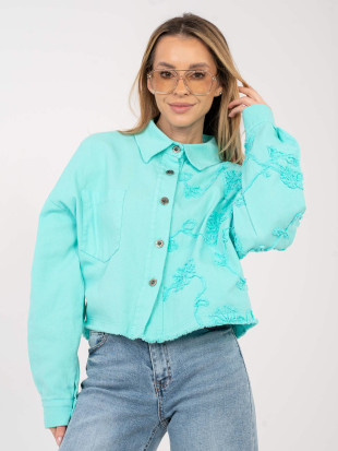 Turquoise women's denim jacket with floral appliqué