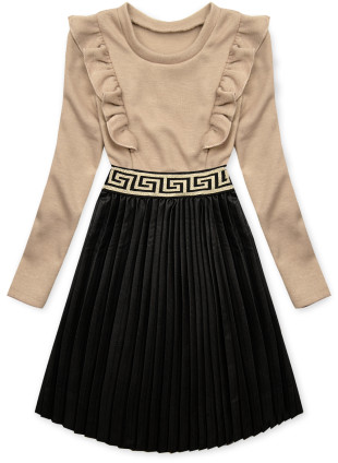 Beige dress with leather pleated skirt