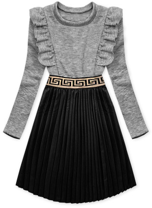 Grey dress with leather pleated skirt